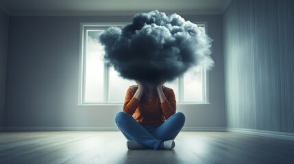 A visual metaphor for mental illness, showing a person with a heavy, dark cloud hanging over their head, sitting in an empty room, symbolizing depression and anxiety as invisible disease