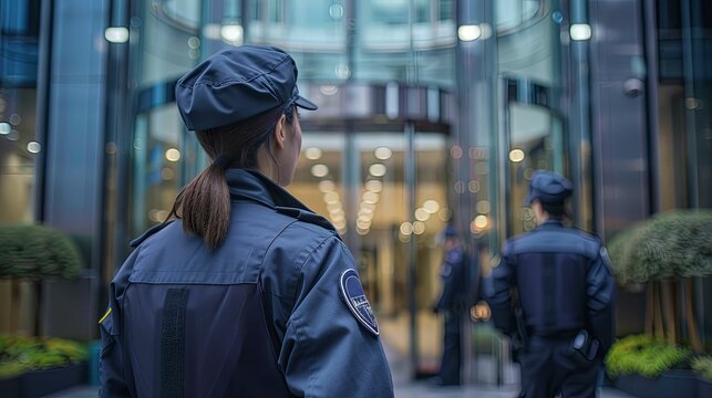 A female security guard in a blue uniform stands outside a modern building.