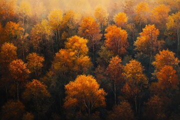 Aerial view of a lush forest in autumn