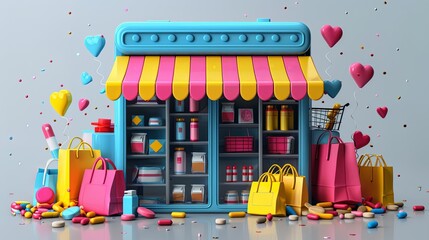 shopping online network applications on smartphones. logistic delivery system GPS tracking. the mall product app catalog. restaurant food menu online internet. pharmacy online store. 3d illustrator