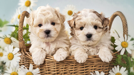 a dreamy scene of two fluffy white puppies sitting in a basket