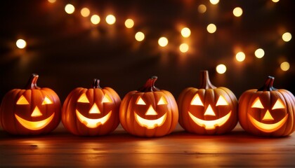 lit jack o lanterns arranged on a dimly lit surface creating a festive and spooky atmosphere