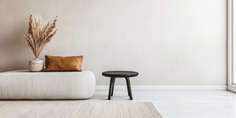 Minimalist living room design featuring a neutral color palette with a cozy seating area, decorative plants, and soft textures