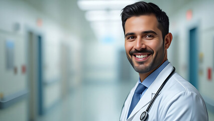 Fototapeta premium Portrait of friendly male doctor in workwear with stethoscope on neck posing with folded arms in clinic interior, looking and smiling at camera, copy space