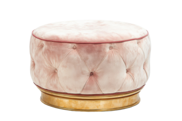 Elegant pink ottoman with tufted velvet upholstery and a stylish gold base, perfect for modern interior decor.