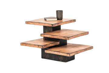 Modern wooden shelf with three levels, perfect for displaying books and decorative items in a stylish living space.