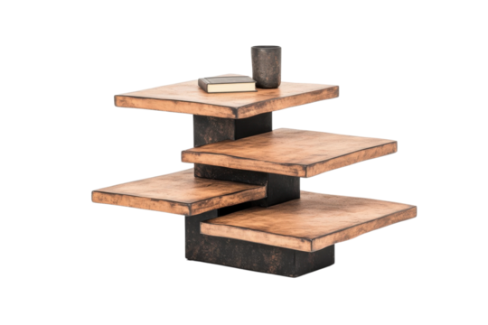 Modern wooden shelf with three levels, perfect for displaying books and decorative items in a stylish living space.