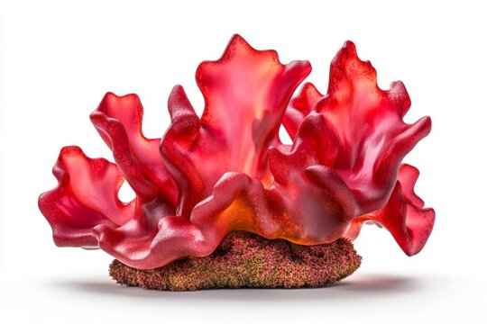 Vibrant Red Algae Formation, a detailed 3D representation of semi-transparent seaweed clusters, showcasing intricate textures against a pure white backdrop, ideal for textual emphasis.
