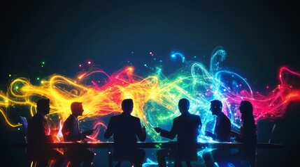 Abstract business meeting with people exchanging colorful ideas represented as glowing lines, idea exchange, innovative collaboration