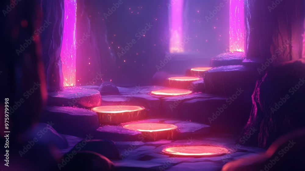 Poster Mystical Pathway With Glowing Steps Leading to an Ethereal Realm at Twilight