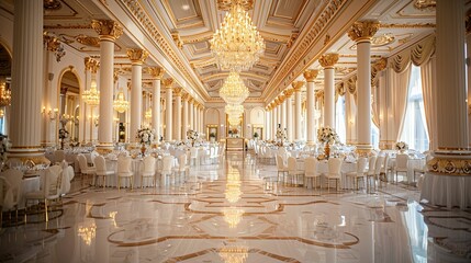 A grand ballroom with white tablecloths, gold accents, and ornate chandeliers.