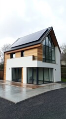 Modern Eco-Friendly House With Large Windows and Solar Panels in a Quiet Residential Area