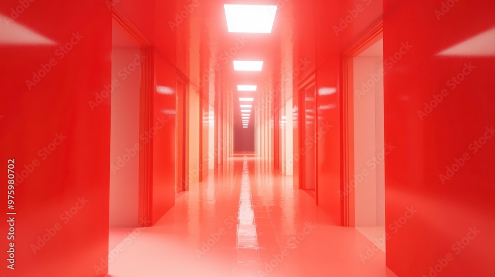 Aufkleber Bright Red Corridor With Glowing Lights Leading to an Unknown Destination at an Abstract Location