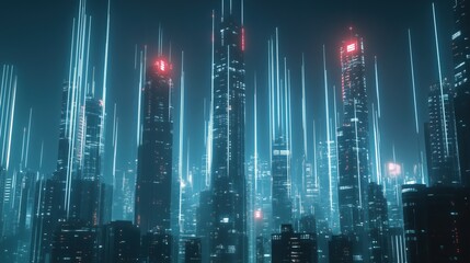 A cityscape with tall buildings and neon lights. The city is lit up and he is futuristic