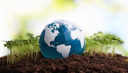 a globe half buried in soil with green shoots emerging