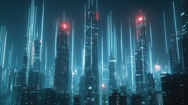 A cityscape with tall buildings and neon lights. The city is lit up and he is futuristic