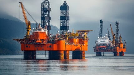 Oil Rigs Operating off the Coast of the USA in Calm Waters During Early Morning Light