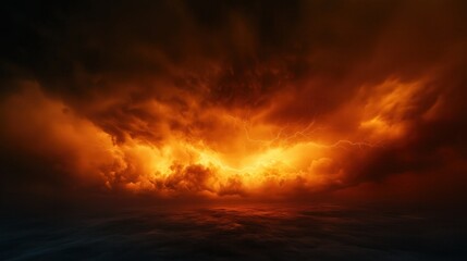 A stormy sky with orange clouds and lightning bolts. The sky is dark and ominous, with a sense of danger and foreboding