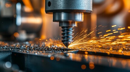 Close-Up of a Milling Machine Cutting Metal with Sparks Flying