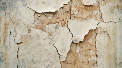 Fototapeta premium A wall with cracks and peeling paint. The wall is white and has a rough texture