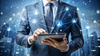 A suited businessman holds a tablet, focusing on protecting financial data through innovative cyber security solutions.