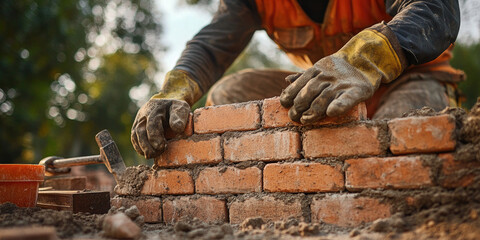 A professional builder lays bricks with cement and builds a wall for a house.