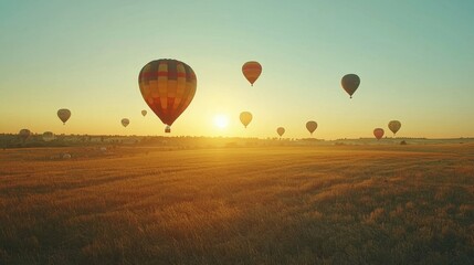 Fototapeta premium Colorful Hot Air Balloons Drifting Over a Serene Meadow at Sunrise
