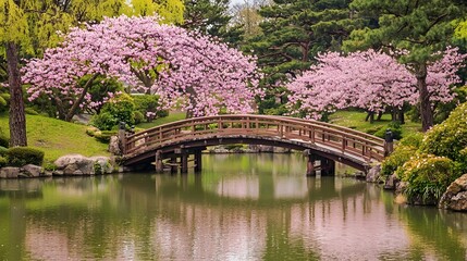 Fototapeta premium Serene Japanese Garden Landscape with Tranquil Pond,Elegant Bridges,and Cherry Blossoms in Full