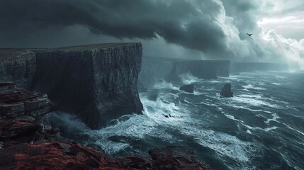 Dramatic Cliff Face Towering Over Raging Ocean Storm with Crashing Waves and Churning Surf
