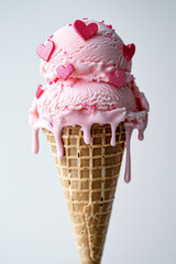 An image of a pink ice cream cone topped with heart-shaped sprinkles. The ice cream drips down the waffle cone.