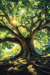 A low-angle view of a towering ancient tree, vibrant green leaves backlit by golden sunlight, creating dramatic shadows on the ground, photorealistic, dynamic composition