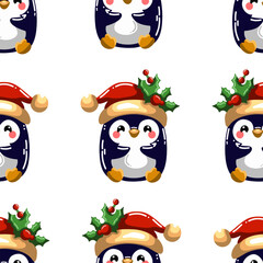 Seamless pattern of cute penguims for Christmas and New Year deecorations 