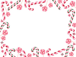 Frame of hand-painted watercolor illustrations of lollipops. Christmas frame made of lollipops and candy canes. Perfect for festive decor for Christmas, birthday, children's party.