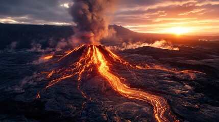 Dramatic Volcanic Landscape with Erupting Lava and Fiery Sunset Sky