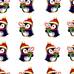 Seamless pattern of cute penguims for Christmas and New Year deecorations 