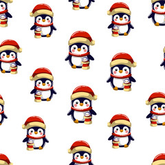 Seamless pattern of cute penguims for Christmas and New Year deecorations 