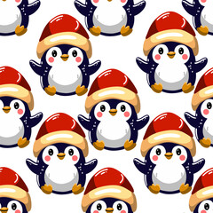 Seamless pattern of cute penguims for Christmas and New Year deecorations 