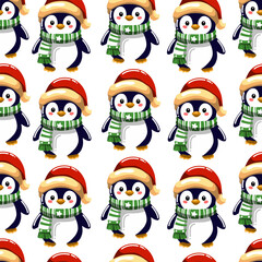 Seamless pattern of cute penguims for Christmas and New Year deecorations 