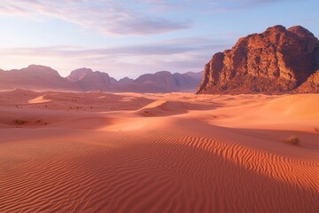 Naklejka premium Expansive Desert Landscape at Twilight with Towering Mountains and Rippling Sand Dunes