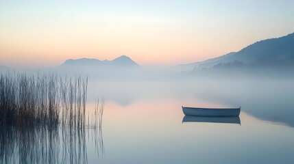 Misty Lake Landscape with Lone Rowboat at Dawn in Serene Mountain Setting