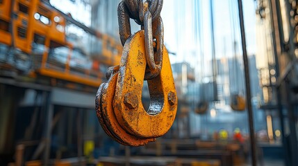 Close-up of a Yellow Crane Hook with Blurred Background
