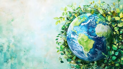 Watercolor Globe Encircled by Lush Green Vines,Symbolizing a Sustainable and Eco-Friendly World