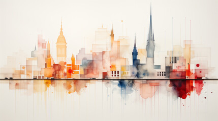 Obraz premium A vibrant watercolor skyline featuring iconic buildings and structures, blending warm and cool colors. This artistic representation captures essence of urban life and creativity.