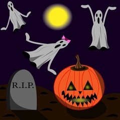 Fototapeta premium Art & Illustration – Haloween illustration of a pumpkin surrounded by three ghosts.