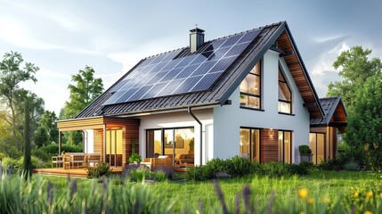 Solar panels on roof. Conceptual illustration shows people collecting lightning for green and clean electric energy from house solar panels. Ecology and sustainability