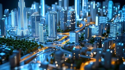 Illuminated Futuristic Cityscape with Towering Skyscrapers and Glowing Network of Lights at Night. Depicting a Smart,Connected,and Technologically Advanced Urban Metropolis of the Future.