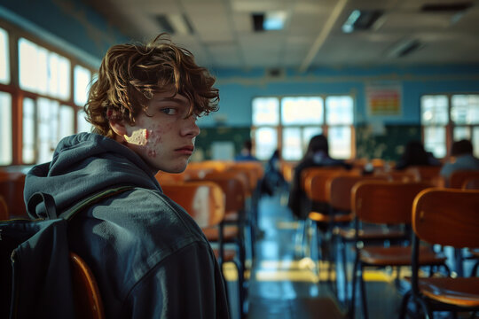 An image of a teenage boy with acne in a classroom, wearing a hoodie and a backpack. 