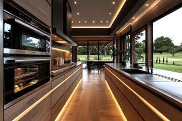 Custom wooden cabinetry in a sleek modern kitchen, open shelving, minimalist design