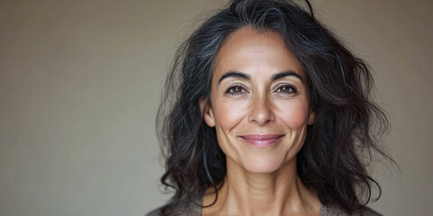 Naklejka premium A smiling woman with gray hair shows confidence and warmth against a simple backdrop in a natural light setting