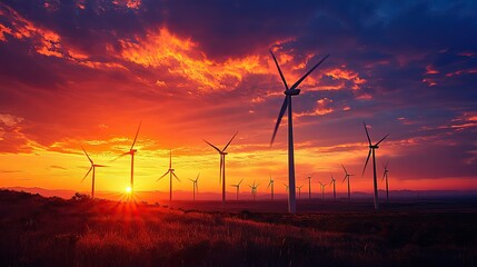 Obraz premium 14. A wind farm at sunset, with turbines silhouetted against the glowing sky, representing the balance between nature and sustainable technology